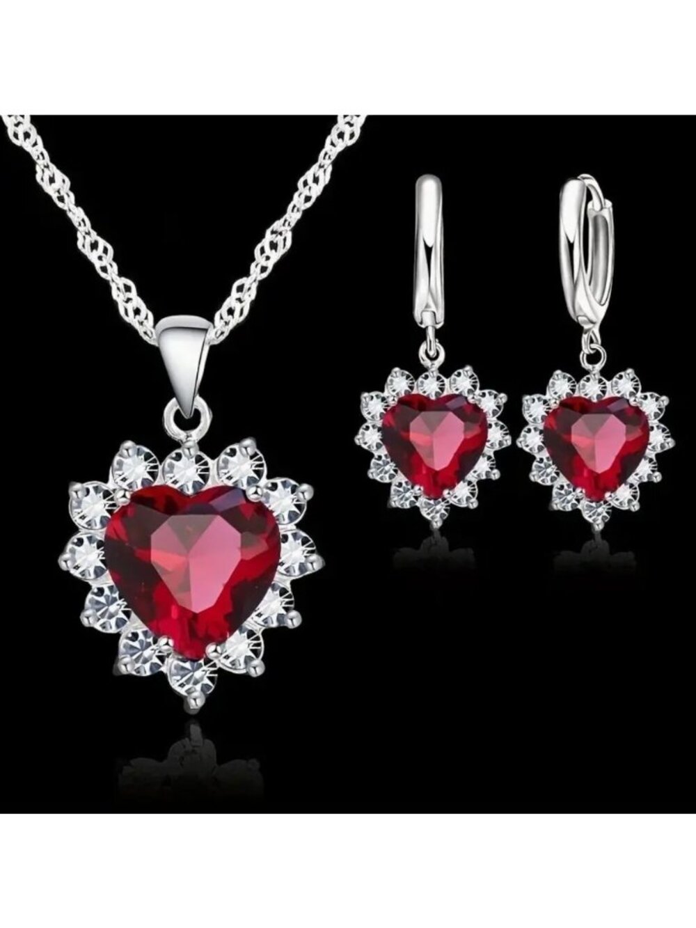 Heart-Shaped Red Crystal Necklace & Earrings Set Silver Tone